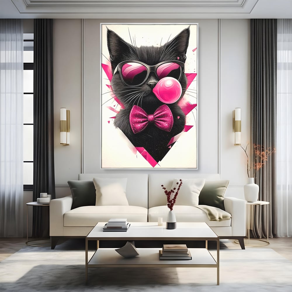 Tablou canvas cu ilustratie digitala cu pisica neagra, in rama de aluminiu argintiu, pe perete intr-un living